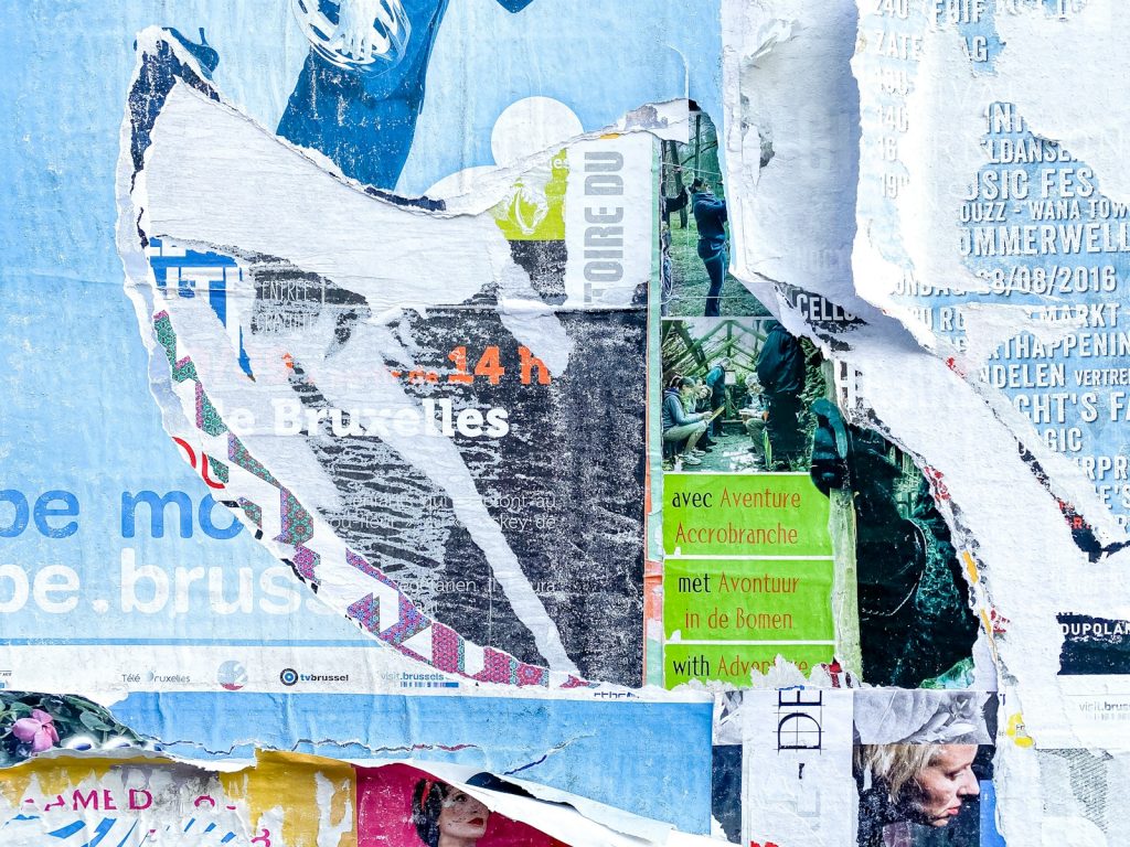 A collage of photos and papers with a woman in the middle